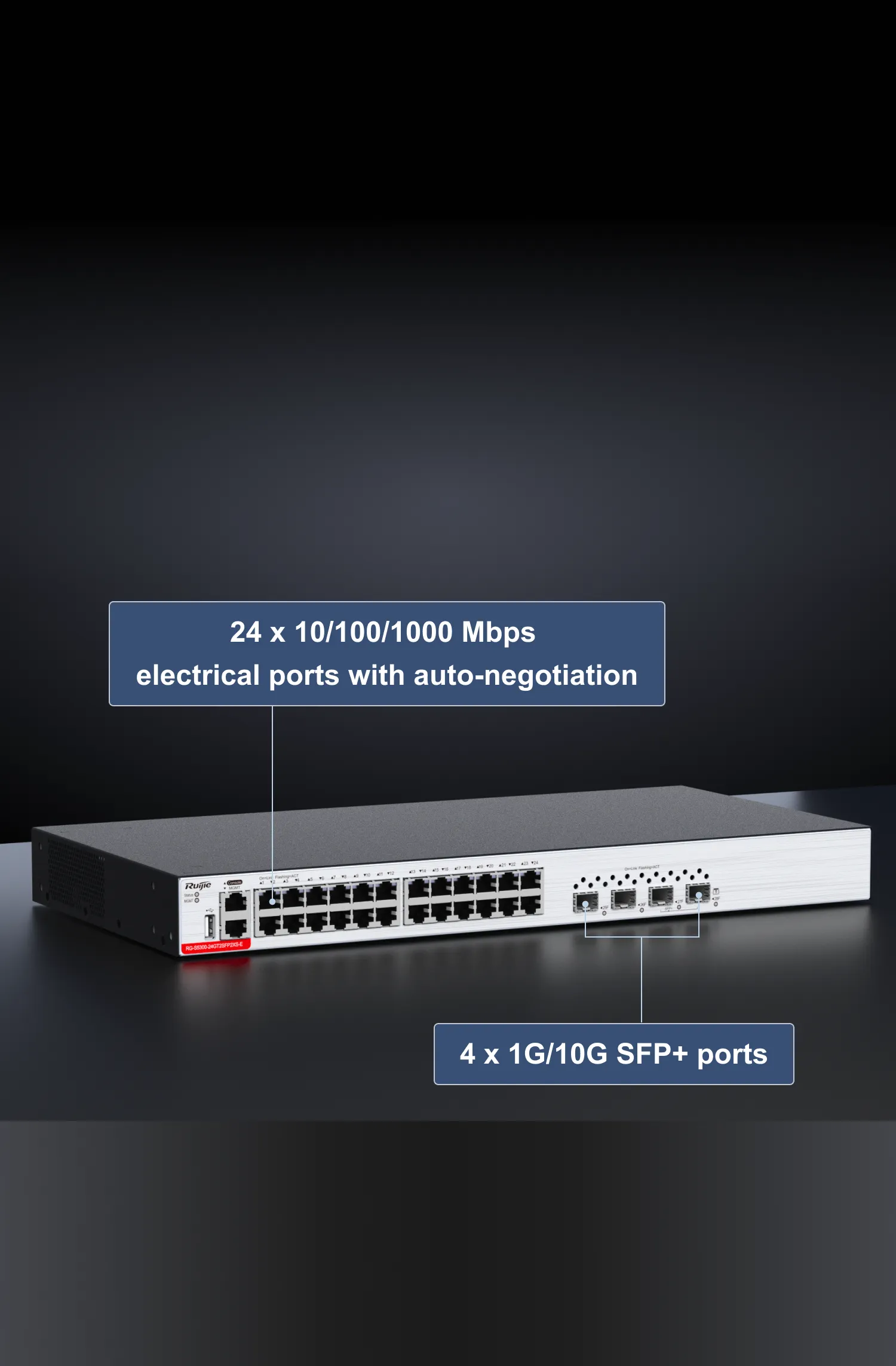 24-Port Fanless Gigabit Ethernet L2+ Stackable Switch with 10G Uplinks,  S5300-24T4X - QSFPTEK